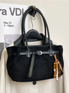 Retro black suede tote bag with leather strap and colorful wooden bead keychain detail