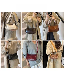 Multiple views showing fashion crossbody bags with wide straps in various colors and leopard print
