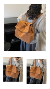 Close-up of caramel suede backpack featuring flap closure and stylish metal buckle detail