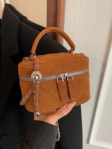 Quilted caramel suede mini box handbag with elegant metal chain strap for women