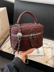 Chic burgundy quilted velvet mini crossbody bag with silver chain and dual zippers
