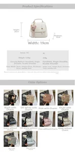 Detail view of crocodile pattern PU leather backpack with dimensions 19x20x10cm and bear charm