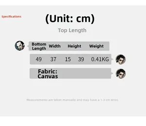 Detailed size guide for large camouflage canvas tote bag showing dimensions and weight