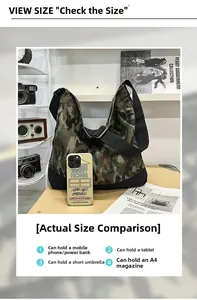 Detail view of camouflage hobo bag showing large capacity for tablet and A4 magazine