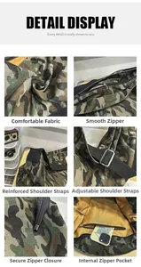 Detail view of camouflage canvas tote with reinforced straps and internal zip pocket