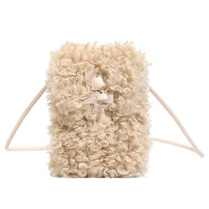 Fuzzy cream sherpa crossbody bucket bag with elegant horn button closure for women
