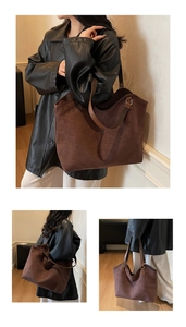 Detailed views of a dark brown suede tote bag showing texture and shoulder carry style