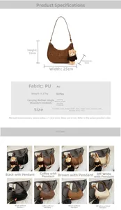 Size chart showing PU leather dumpling bag dimensions 25x18x8cm and crossbody strap detail