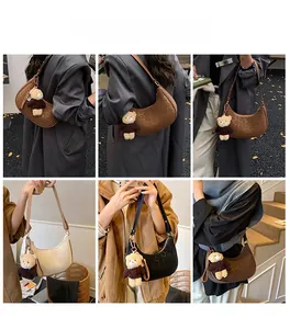 Collage of leopard print crescent bags in brown, beige, and black with bear charms