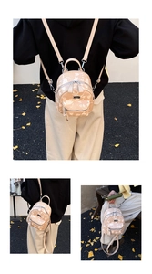 Three-way view of a mini floral backpack in beige faux leather with silver hardware details