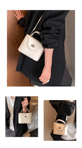 Gros plan détaillé du sac boîte beige avec fermoir rotatif en métal et poignée