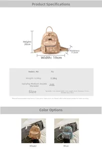 Size guide for mini PU backpack showing 20cm height and 0.38kg weight in khaki and blue