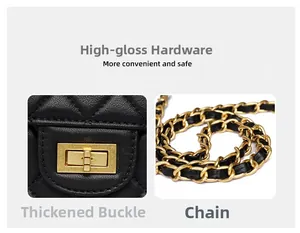 Detail of the golden rectangular metal lock and woven chain strap on a quilted black bag