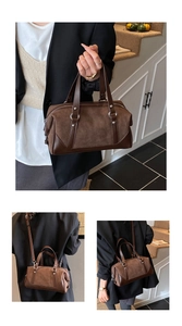 Brown suede patchwork Boston bag with metal rivets shown from multiple angles
