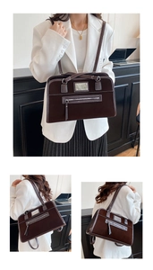 Detailed views of dark coffee tote bag with white contrast stitching and silver metal plate