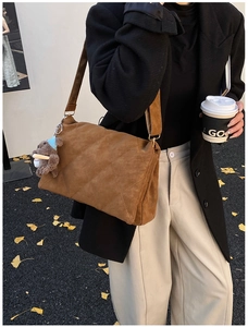 Detailed texture of brown quilted shoulder bag with cute plush bear pendant accessory