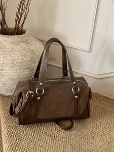 Retro dark brown large capacity suede tote bag with leather straps and silver hardware