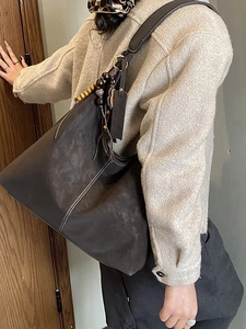 Retro matte large shoulder bag for women with bead decor and white vertical stitching