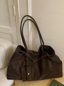 Retro dark brown suede tote bag with shoulder strap and matching small pouch