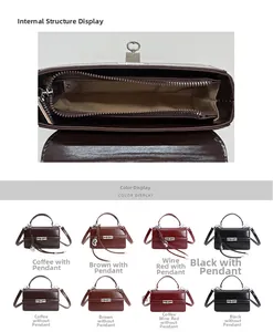 Detail view showing internal zipper compartment and metal lock of this square handbag