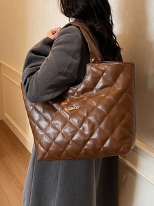 Sac Cabas Matelassé Grande Capacité pour Femmes en Cuir PU Motif Losanges Sac à Épaule Décontracté Mode Quotidien