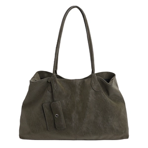 Retro oversized shoulder tote bag in olive green matte leather with small pouch charm