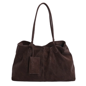 Vintage dark brown large tote bag with shoulder straps and matching mini pouch