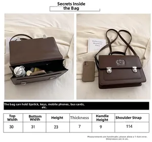 Detailed size guide for brown vintage crossbody bag with exact dimensions and strap length