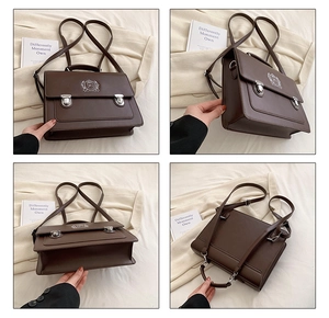 Detailed four-way view of brown vintage leather backpack with silver metal buckles