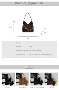 Size chart for velvet hobo bag showing dimensions 27x27x9cm and four color options