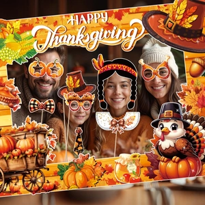 Funny Thanksgiving photo booth prop set with pumpkin turkey frames and themed accessories