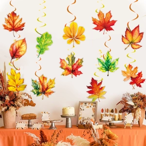 Detail of autumn maple leaf swirl decorations and hanging paper tags for Thanksgiving parties