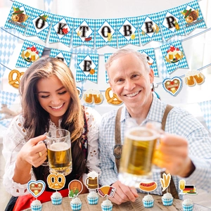 Oktoberfest party decoration kit with blue-white checkered banner and themed cardstock props