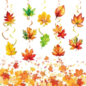 Close-up of Thanksgiving hanging swirls with colorful maple and oak leaf decorations