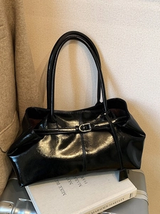 Vintage black oil wax leather tote bag with double straps and decorative buckles for women