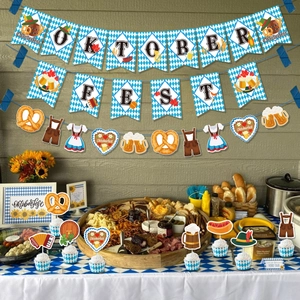 Oktoberfest party decoration kit with banner, hanging swirls, and cake toppers