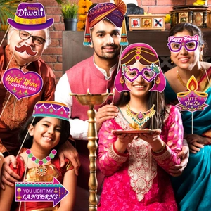 20-piece Diwali party photo booth props set with Happy Diwali signs and Indian ethnic motifs