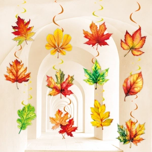 Detail of assorted autumn leaf ceiling swirls in vibrant red orange and yellow fall colors