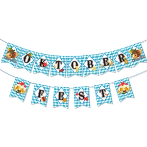 Detail of Oktoberfest banner with blue diamond patterns and festival illustrations