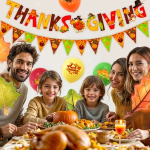 Family dinner scene with Thanksgiving party banner, maple leaf balloons and festive decor
