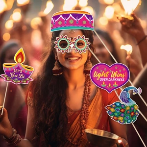 Close-up of Diwali photo booth props featuring colorful peacock and festive glasses