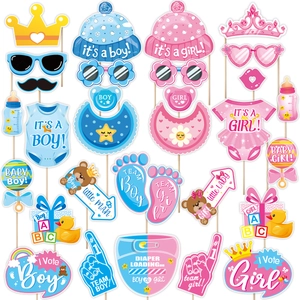 25-piece blue and pink gender reveal party photo booth props on sticks for baby shower