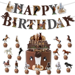 Paardenthema verjaardagsdecoratie set met happy birthday banner en taarttoppers