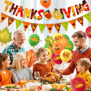 Thanksgiving party decoration kit with turkey banners, pumpkin balloons and maple leaves