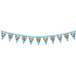 Detail of Oktoberfest banner with Bavarian blue-white patterns and pretzel beer mugs