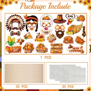 Detailed view of Thanksgiving photo booth prop set including 30 cards, sticks and glue dots