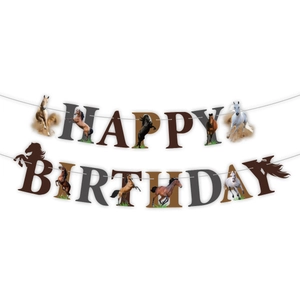 Detail van Happy Birthday-banner in paardenthema met realistische rennende paarden