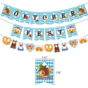 Oktoberfest party decoration set with blue diamond banners, pretzels, and beer mugs