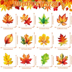 Size chart showing 12 autumn maple leaf hanging decorations with various dimensions