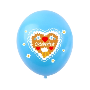 Gros plan d'un ballon de fête bleu ciel avec logo Oktoberfest et motif de chope de bière